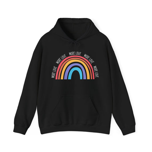 A unisex hooded sweatshirt with 'MORE LOVE' text and a multicolored rainbow design on the front.