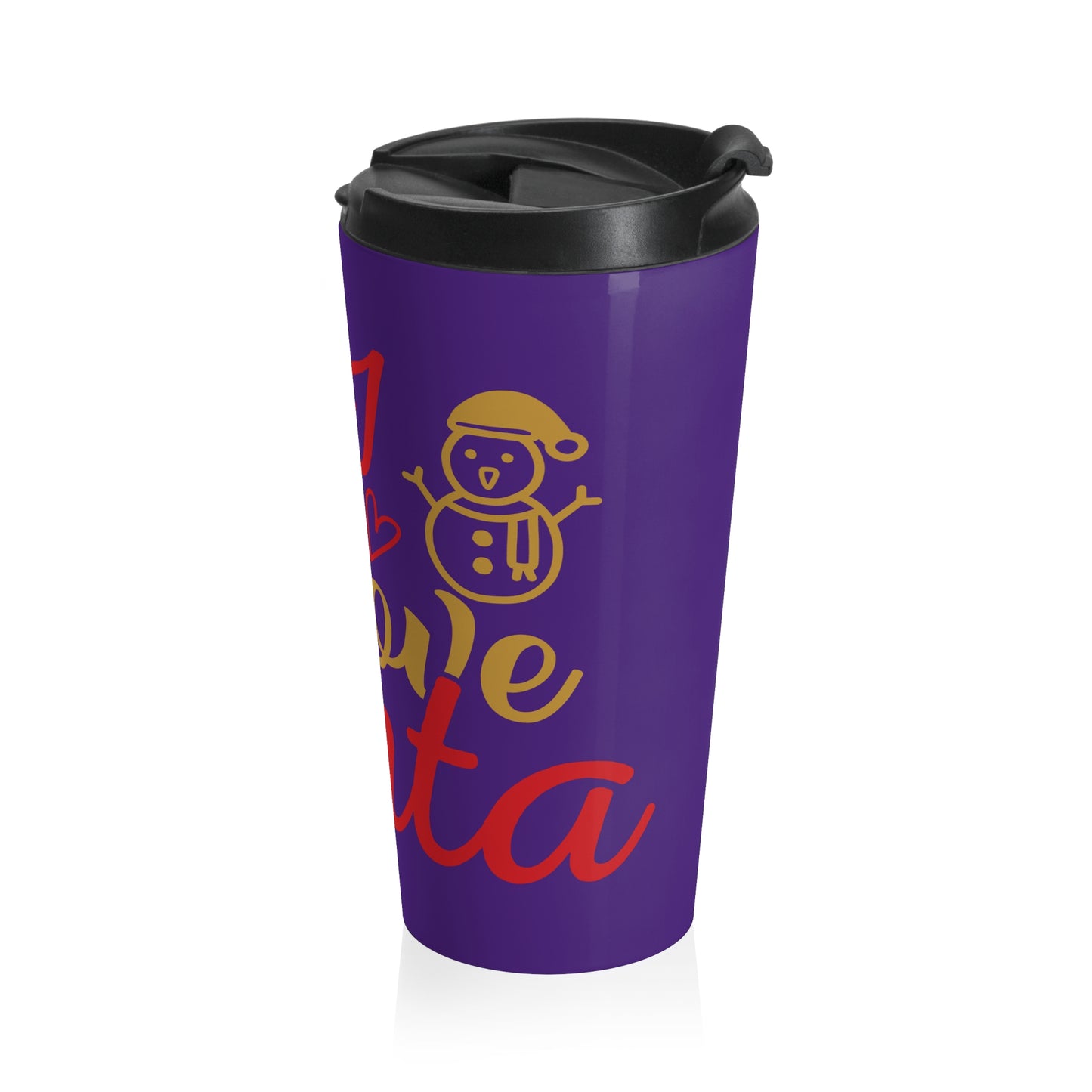 Stainless Steel Travel Mug - Love Santa Design, Purple Background