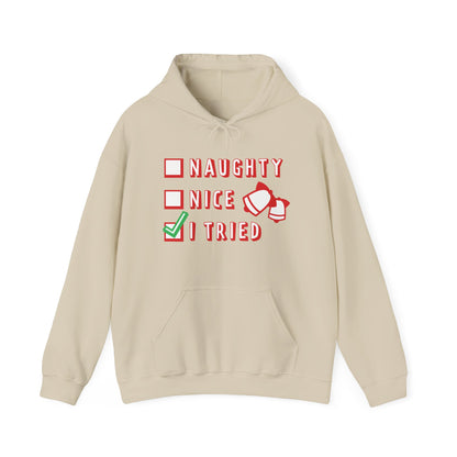 Christmas Unisex Hooded Sweatshirt - Naughty Nice I Tried Design