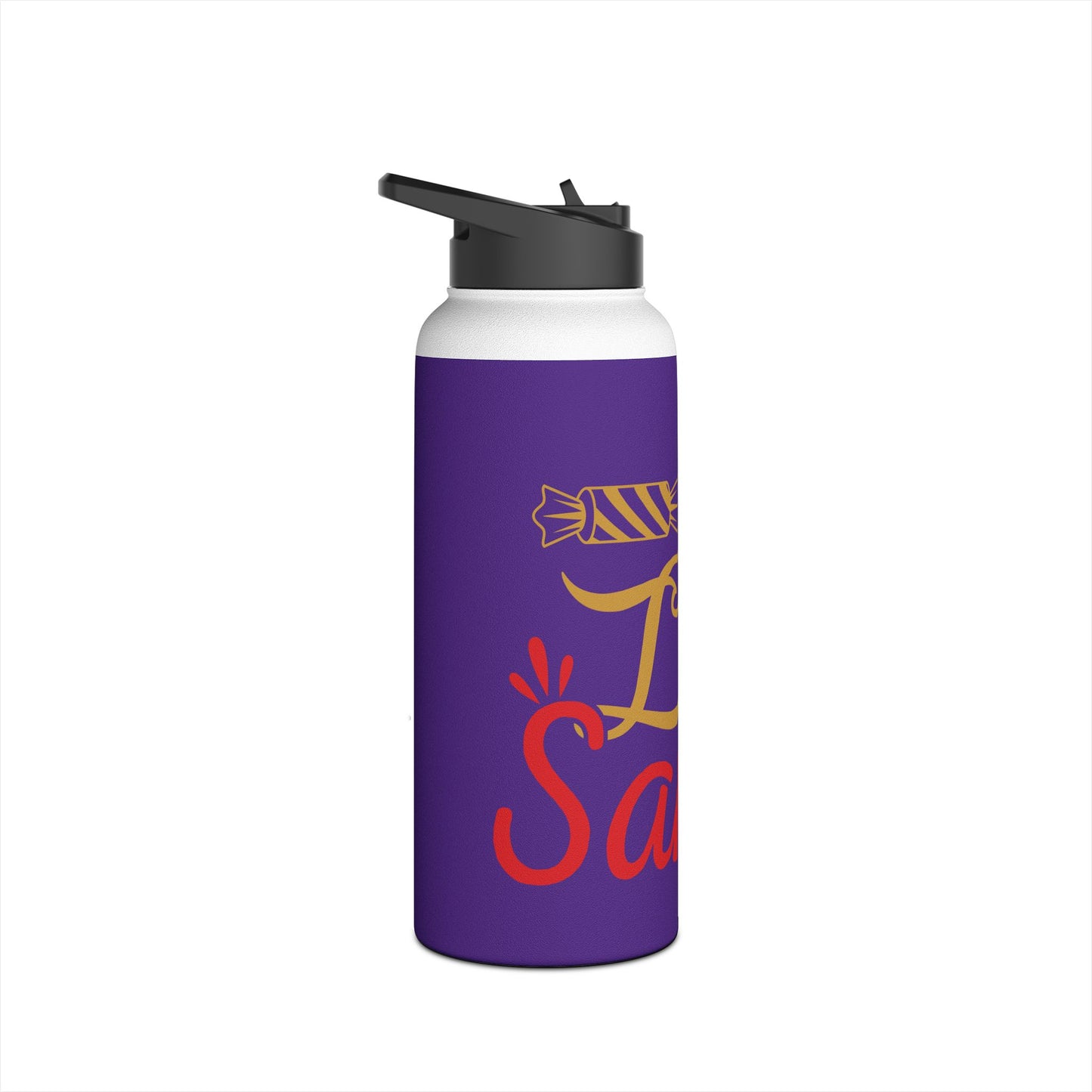 Stainless Steel Water Bottle, Standard Lid - Love Santa Design with Purple Background