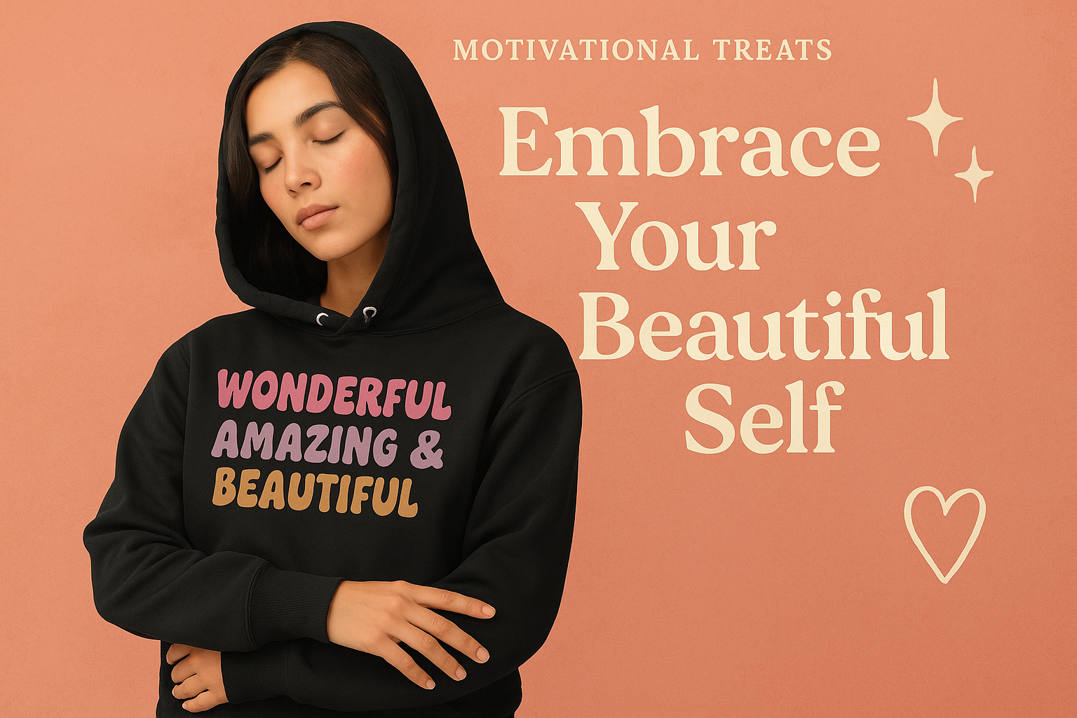Embrace Your Beautiful Self Homepage Banner with a woman wearing a hoodie with "Wonderful Amazing & Beautiful" printed in front