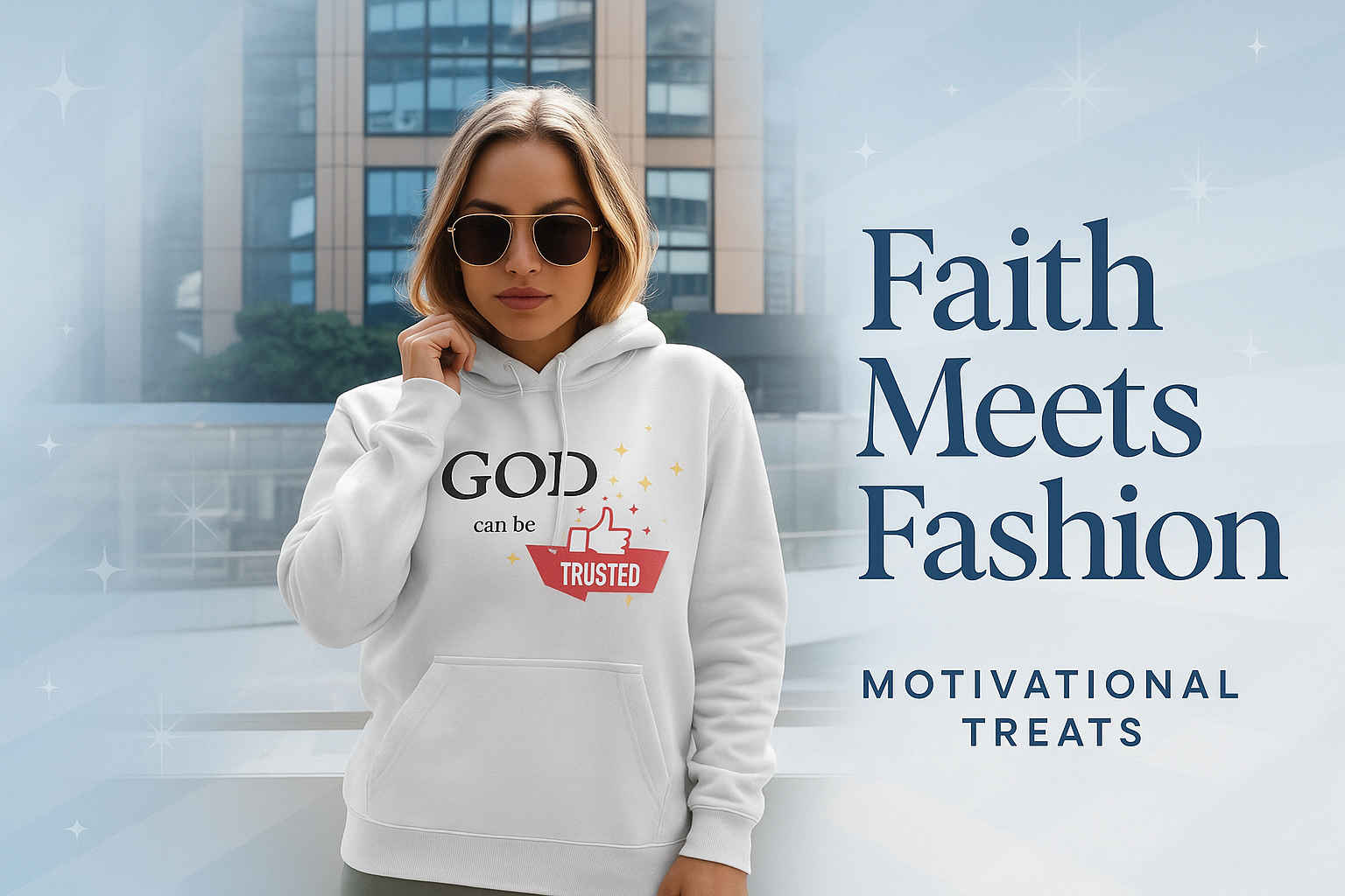 Faith Meets Fashion Homepage Banner with a woman wearing a hoodie with "God can be trusted" printed in front